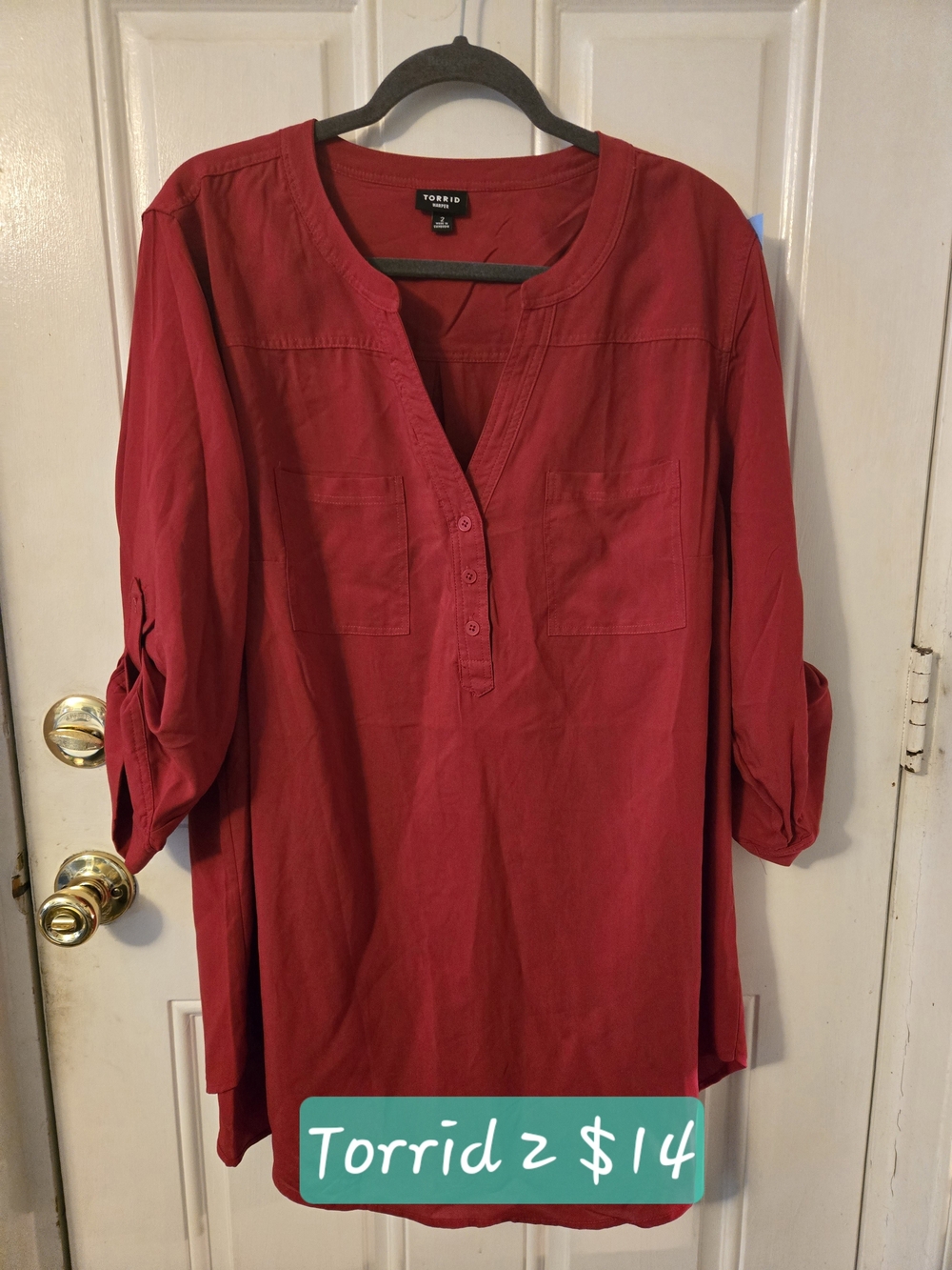 torrid Deep Red Button-Front Tunic with Roll Tabs